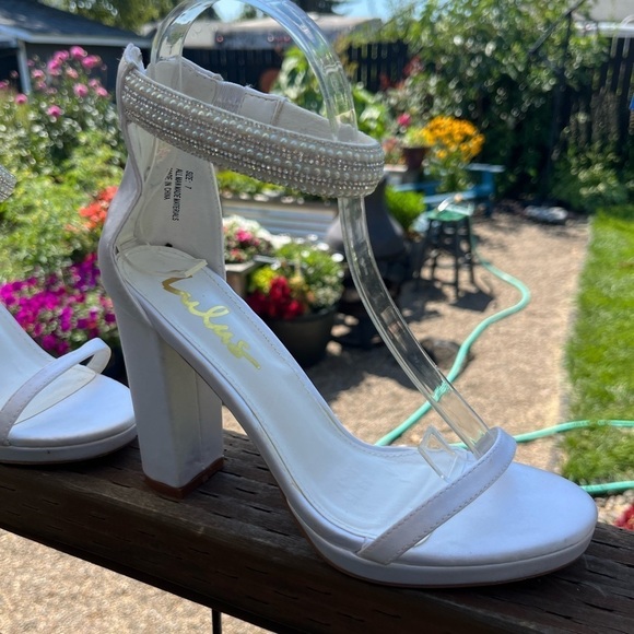 Lulu’s Delary White Satin Rhinestone Ankle Strap High Heel Sandals 7 - Picture 3 of 11